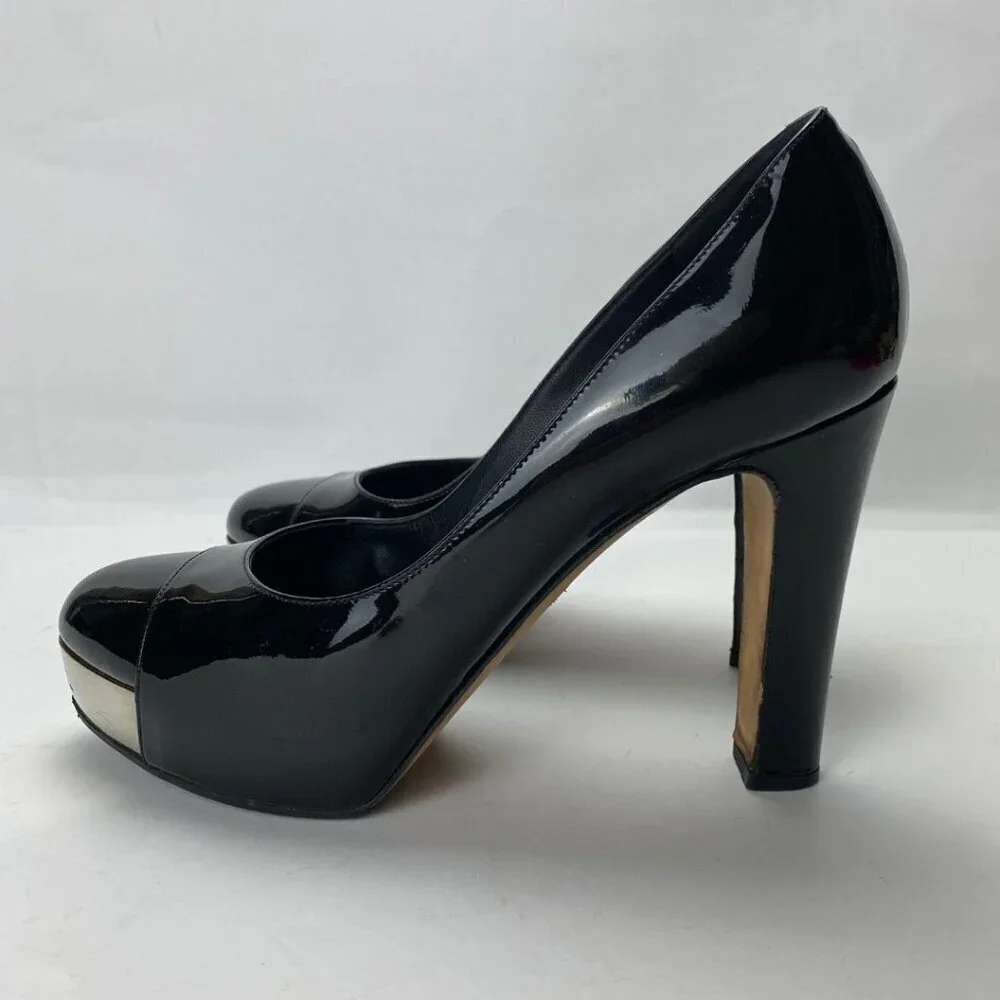 CHANEL Patent Silver Name Plate Chrome Logo Cap Toe Black Chunky Pumps Size 37.5